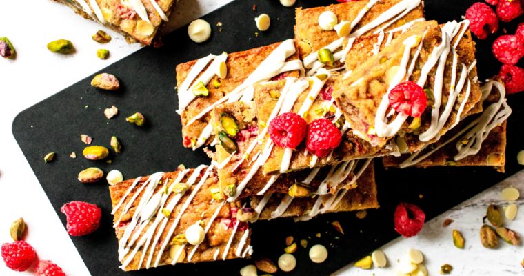 Raspberry White Chocolate Pistachio Blondies