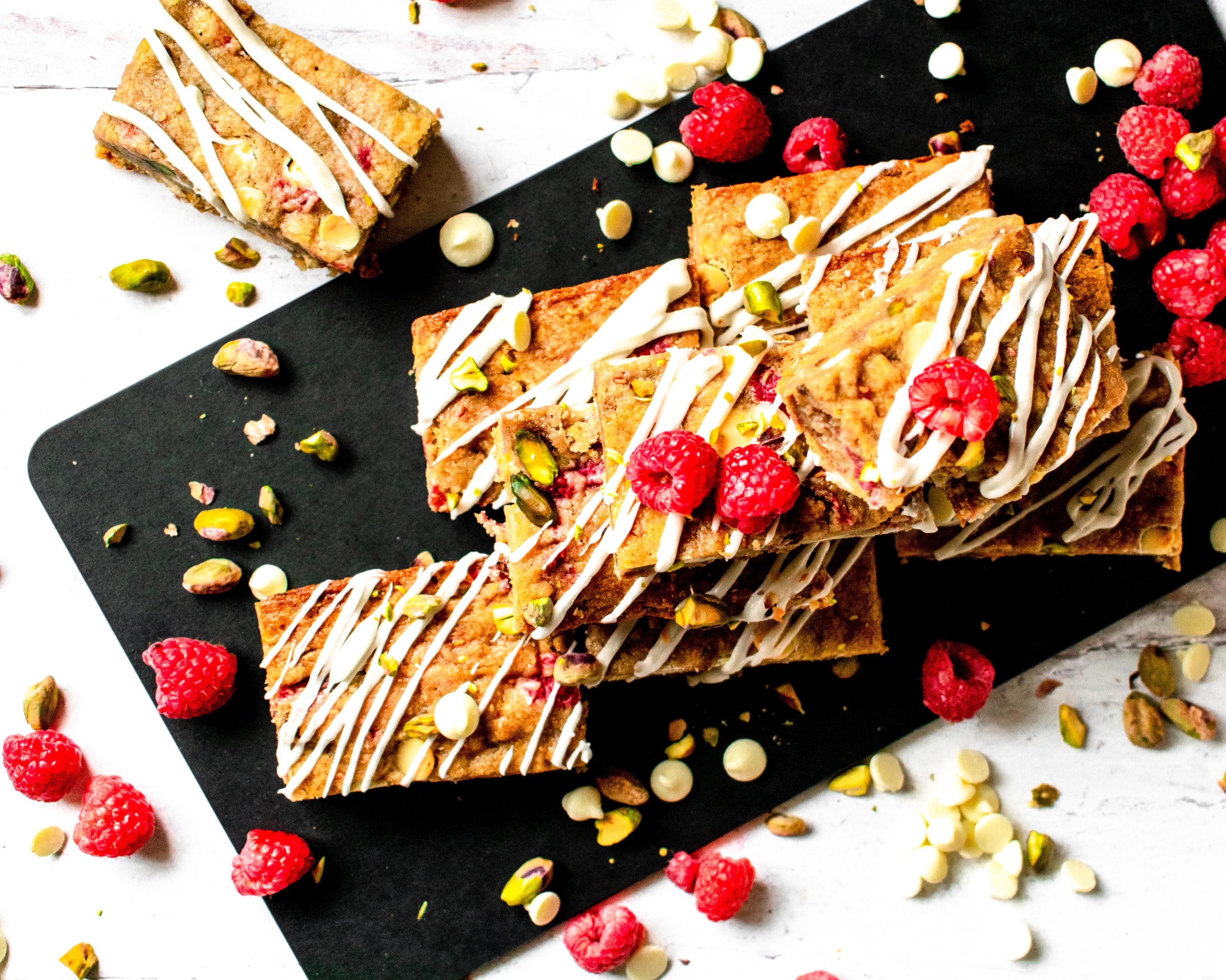 Raspberry White Chocolate Pistachio Blondies