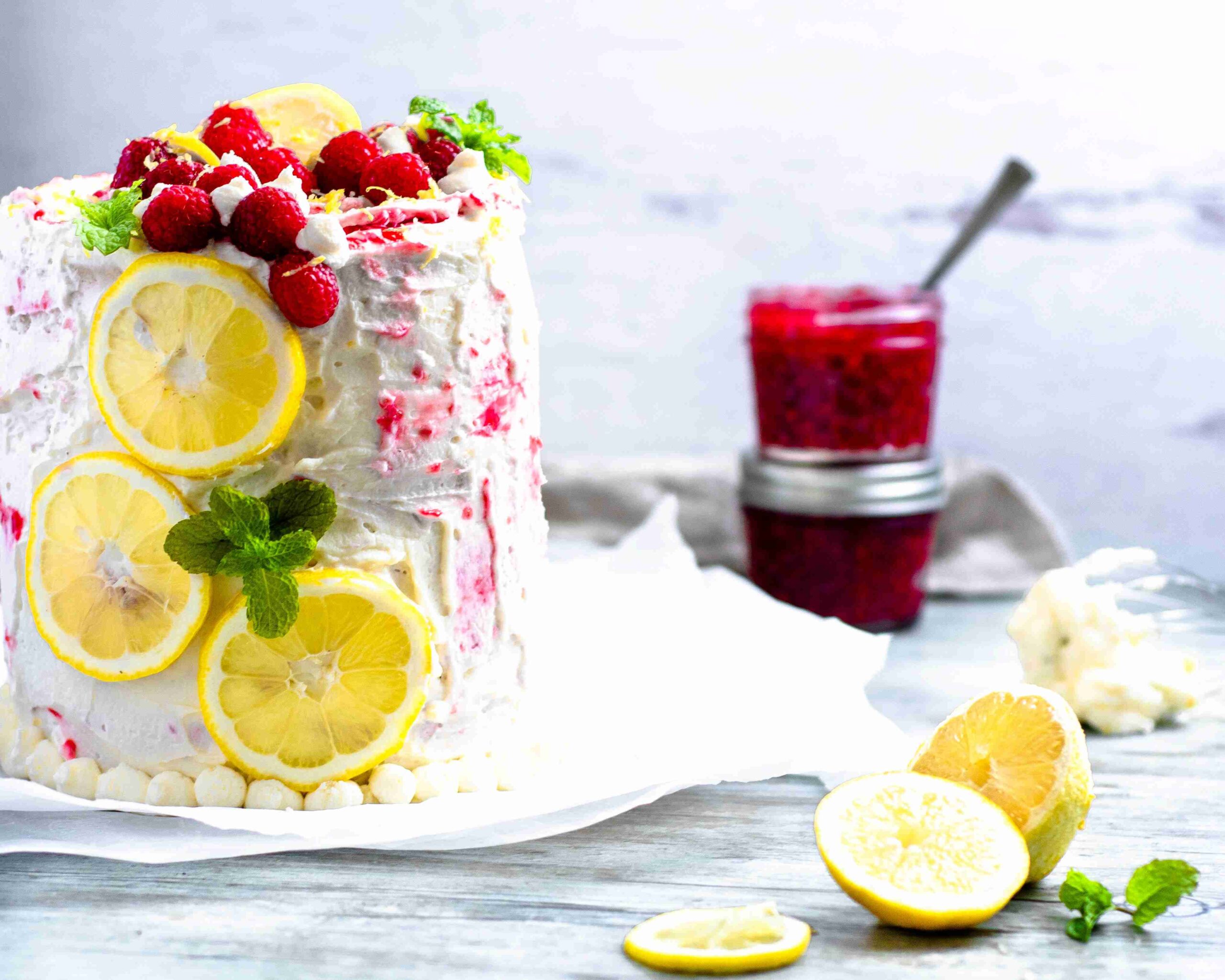 Lemon Raspberry Cake with Mascarpone Whipped Cream